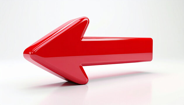 Red glossy 3D arrow pointing left, isolated on white background, smooth reflective surface, directional guide or navigation