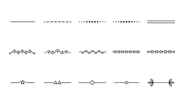 Collection of black and white lines and patterns with various shapes and symbols dots
