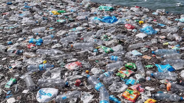 Collection of plastic waste pollution floating in ocean water
