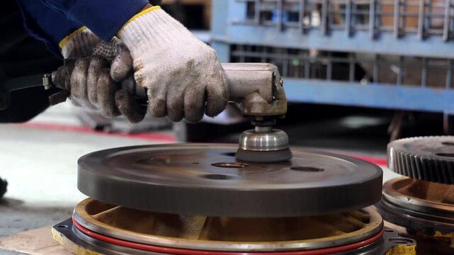 A technician uses a pneumatic orbital sander to polish the metal surface of a heavy yellow industrial component in a workshop, ensuring a smooth finish during a precision machinery overhaul.