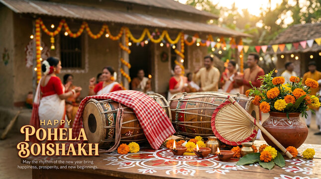 Happy Pohela Boishakh - Pohela Boishakh Greetings with Dhol and Traditional Offerings in a Rural Bengali Setting