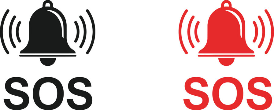 SOS bell icon vector illustration showing emergency alarm alert notification symbol for safety communication and digital alert system web design interface