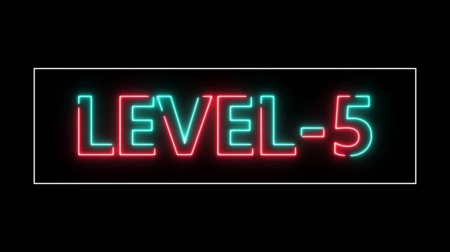 Abstract neon level 5 number 4k animation. Level 5 neon text. Neon level up sign. motion graphic perfect for social media content. black background 4k animation.