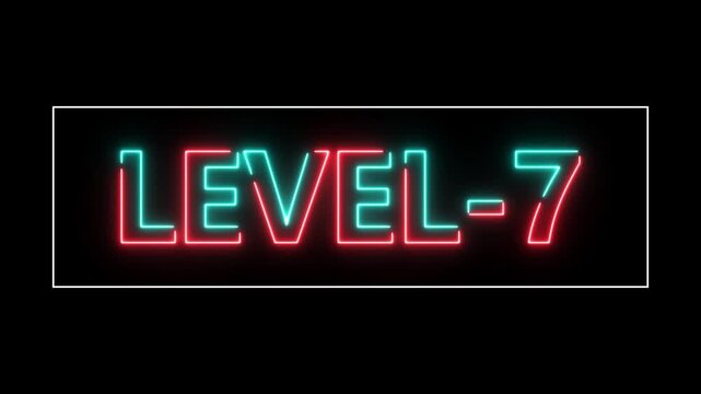 Abstract neon level 7 number 4k animation. Level 7 neon text. Neon level up sign. motion graphic perfect for social media content. black background 4k animation.