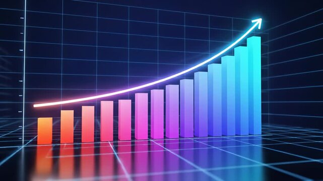 3D bar graph with glowing orange and pink gradient columns on a dark blue digital grid background, featuring a bright neon trend line indicating positive growth, data analysis, and profit.