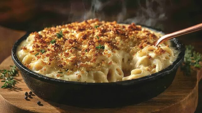 Premium aged cheddar mac and cheese in cast iron skillet with golden breadcrumb crust and fresh herbs served at upscale restaurant