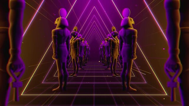 4K seamless orange and purple VJ loop tunnel featuring a stylized, geometric 3D God Horus figure with glowing circuits for VJ sets, stage screens, electronic music festivals and LED video walls
