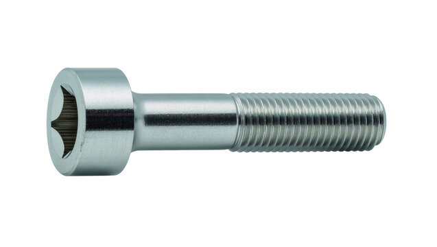 Shiny metallic hex socket bolt with threaded shaft, isolated on transparent background
