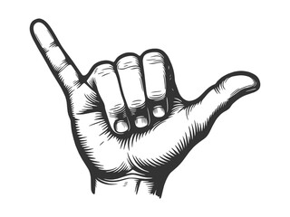 hand showing shaka gesture, symbolizing relaxation, positivity, and surf lifestyle culture sketch engraving generative ai vector illustration. Scratch board imitation. Black and white image.