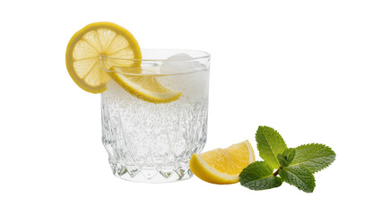 Clear glass of sparkling water with lemon slices and mint, isolated on transparent background