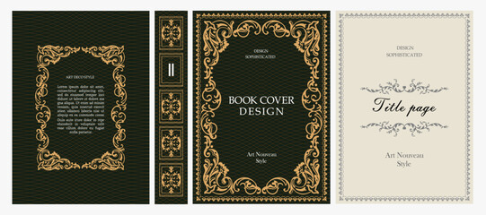 Naklejka premium Classic vintage book cover, title page, spine design with Art Deco, Baroque, Art Nouveau and Victorian ornaments. Elegant decorative frame, retro style for publications, posters and artistic layouts.