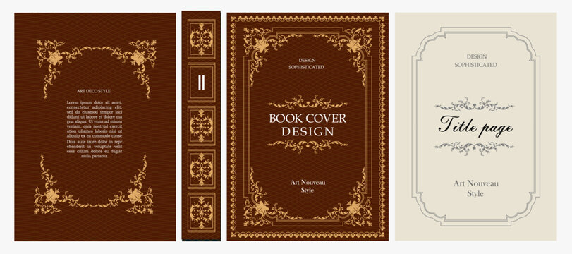 Classic vintage book cover, title page, spine design with Art Deco, Baroque, Art Nouveau and Victorian ornaments. Elegant decorative frame, retro style for publications, posters and artistic layouts.