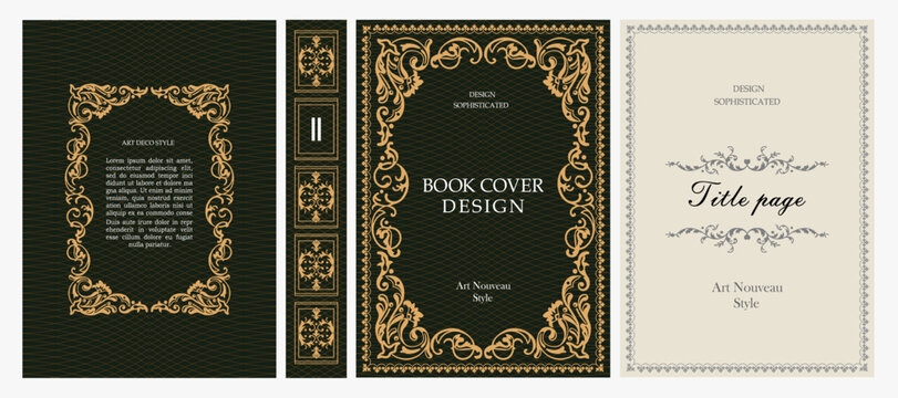Classic vintage book cover, title page, spine design with Art Deco, Baroque, Art Nouveau and Victorian ornaments. Elegant decorative frame, retro style for publications, posters and artistic layouts.