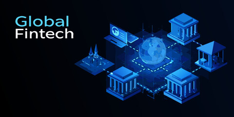 Naklejka premium Global fintech network isometric illustration of technology and worldwide finance