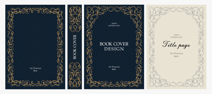 Classic vintage book cover, title page, spine design with Art Deco, Baroque, Art Nouveau and Victorian ornaments. Elegant decorative frame, retro style for publications, posters and artistic layouts.