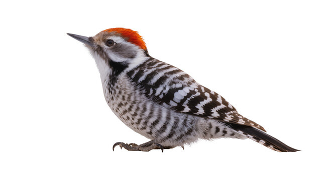 Small woodpecker with red crown and striped plumage, isolated on transparent background