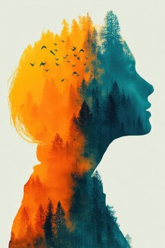 Surreal Double Exposure Portrait of a Woman Combined with Pine Forest, Flying Birds, and Sunset Colors, Concept of Freedom and Connection with Nature