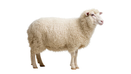 Fluffy white sheep with thick wool fleece, isolated on transparent background © GODSTOX