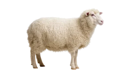Fotobehang Schapen Fluffy white sheep with thick wool fleece, isolated on transparent background  © GODSTOX