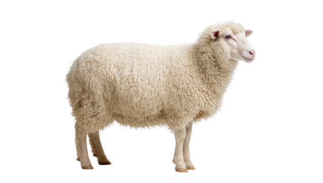 Fluffy white sheep with thick wool fleece, isolated on transparent background