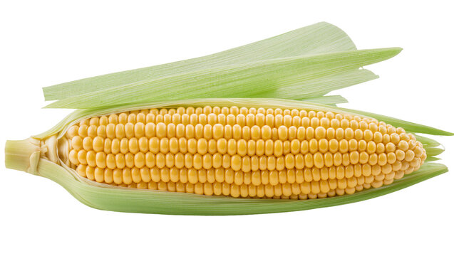 Fresh yellow corn cob with green husks, isolated on transparent background