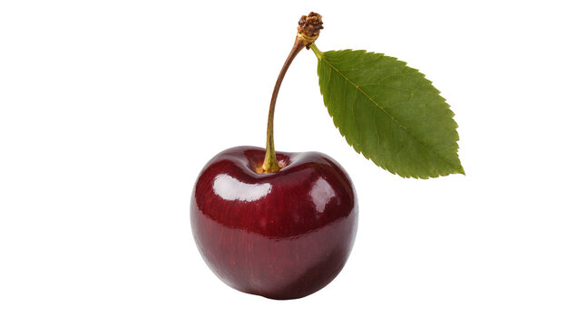 Single ripe dark red cherry with stem and green leaf, isolated on transparent background
