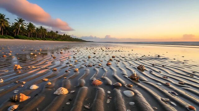 Beautiful tropical beach at sunset with seashells