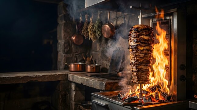 Doner kebab roasting on vertical grill