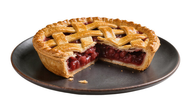Golden lattice crust cherry pie with juicy red filling, isolated on transparent background
