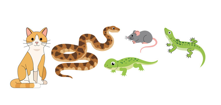 Cute cartoon animals arranged in a row including a cat, snake, mouse, and two lizards
