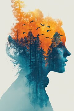 Surreal Double Exposure Portrait of a Woman Combined with Pine Forest, Flying Birds, and Sunset Colors, Concept of Freedom and Connection with Nature