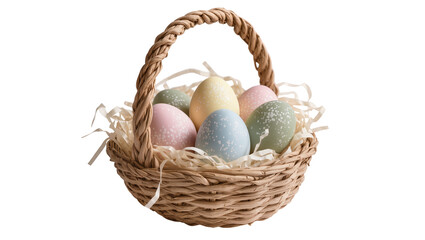 Fototapeta premium Woven basket filled with pastel speckled Easter eggs and straw, isolated on transparent background