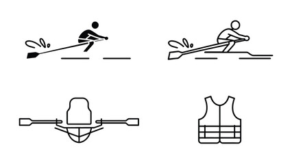 Rowing Icon Set: A collection of simple, black and white illustrations that captures the essence of rowing, including rowers in action, a boat's design, and safety equipment. © hafs121