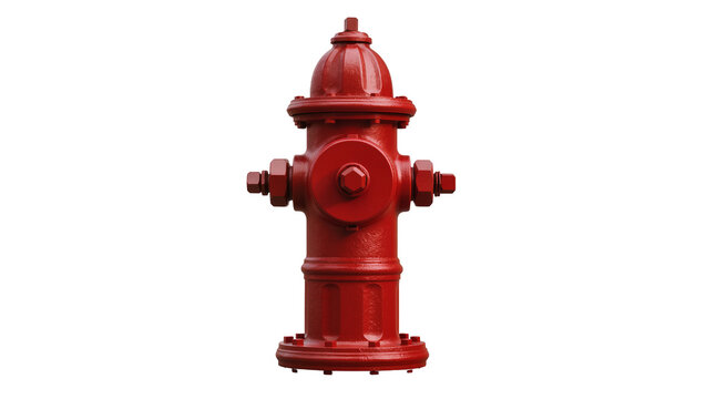 Classic red metal fire hydrant with bolted caps, isolated on transparent background
