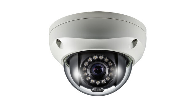 White dome security camera with infrared LEDs, isolated on transparent background