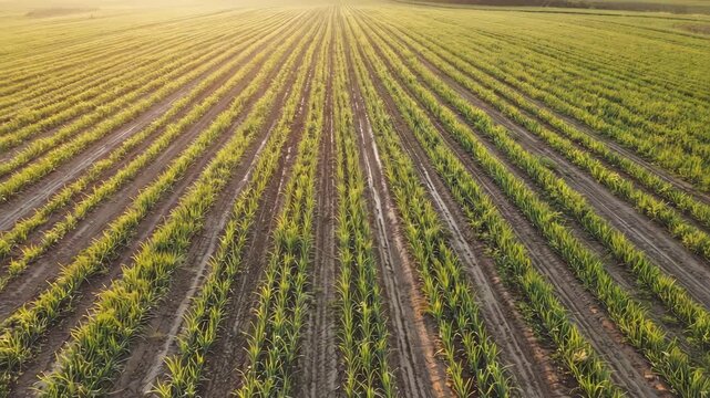 Aerial view of crop rows in agricultural field with young plants growing in fertile soil at sunrise