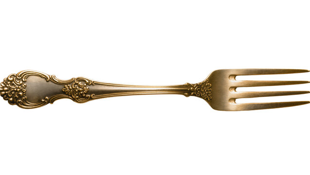 Ornate antique gold fork with floral embossed handle, isolated on transparent background