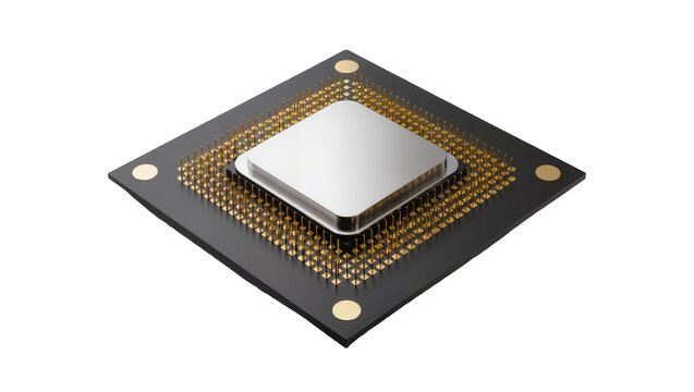 Square computer processor with gold pins and silver top, isolated on transparent background