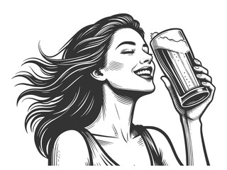 smiling woman holding a glass of beer, expressing refreshment, enjoyment, and carefree lifestyle vibes sketch engraving generative ai vector illustration. Scratch board imitation. Black and white.