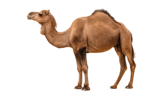 Brown dromedary camel with one hump standing, isolated on transparent background