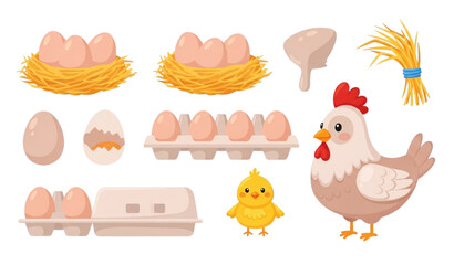Chicken eggs vector set with hen chick nest tray and egg box cute farm illustration © MstRuna