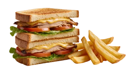 Fotobehang Snack Stacked triple-decker club sandwich with melted cheese sliced tomatoes lettuce and french fries, isolated on transparent background  © GODSTOX