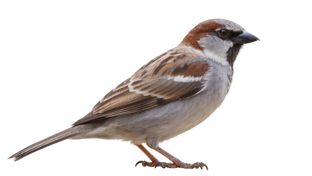 Brown and grey sparrow bird with black beak, isolated on transparent background