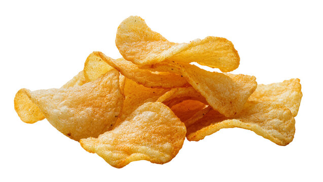 Crispy golden potato chips piled together, isolated on transparent background