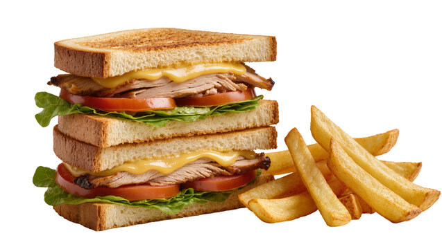 Stacked triple-decker club sandwich with melted cheese sliced tomatoes lettuce and french fries, isolated on transparent background