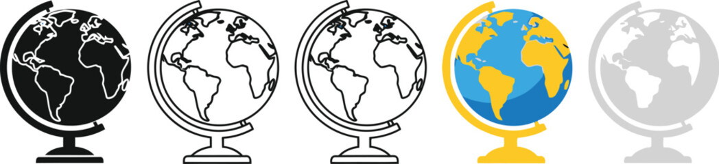 Naklejka premium Globe vector illustration set featuring different graphical styles like flat color line art and solid black silhouette for creative design projects