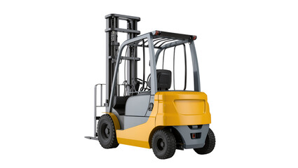 Yellow and gray forklift truck with raised mast, isolated on transparent background © GODSTOX