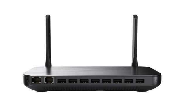 Black wireless router with two antennas and multiple Ethernet ports, isolated on transparent background