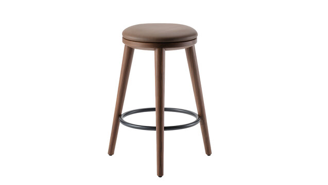 Brown leather round seat bar stool with wooden legs and metal footrest, isolated on transparent background