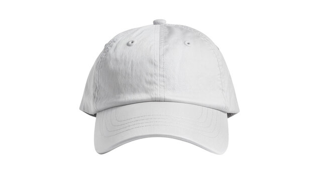Plain white baseball cap with curved brim, isolated on transparent background